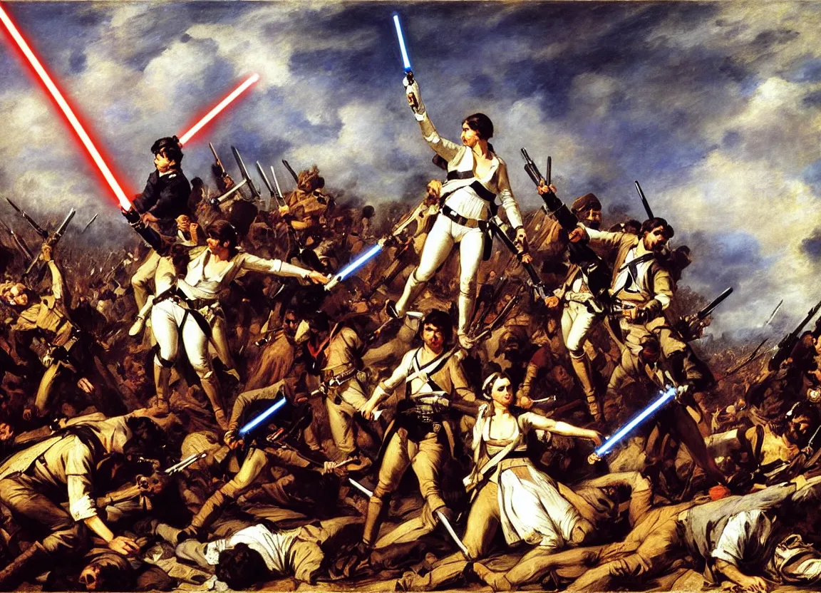 Prompt: liberty leading the people, french revolution, eugene delacroix, jedi, lightsaber, ewoks, at - st, tie - fighter, endor forest, oil on canvas