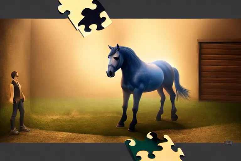 Image similar to A horse attempting to solve a jigsaw puzzle!!!, looking confused, cinematic lighting, evening light, stables, digital painting, volumetric light, concept art, trending on artstation