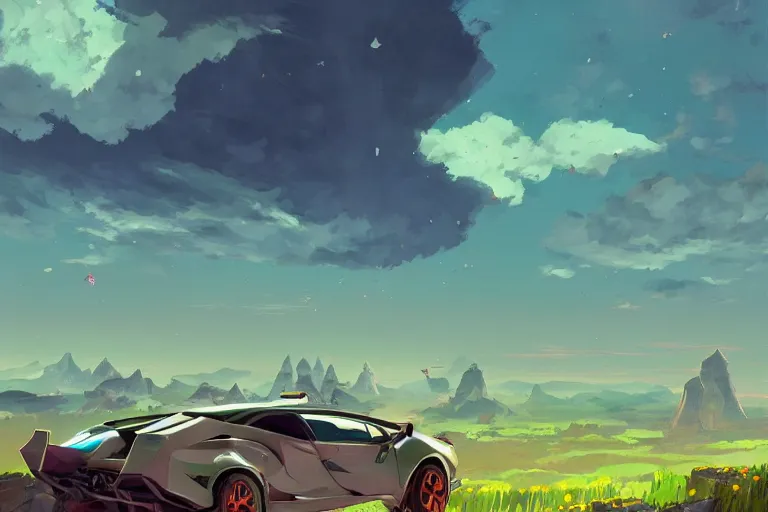 Image similar to the broken lamborghini zelda breath of the wild, in the style of studio ghibli and vicente segrelles, trending on artstation, back lighting tilt - shift cottagecore, abstract illusionism, movie poster, creature concept art, precisionism