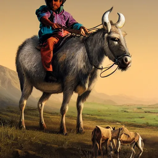 Image similar to a young boy kurdish shephard riding a donkey herding cows in the kurdish mountains art by martin ansin, highly detailed, 8 k, high resolution, award winning art, incredibly intricate