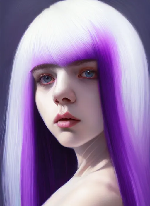 Image similar to hair whitebangs hair, black hair, whitebangs, portrait of teenage girl with white bangs, red irises, purple clothes, white bangs, bangs are different color from hair, intricate, elegant, glowing lights, highly detailed, digital painting, artstation, concept art, smooth, sharp focus, illustration, art by wlop, mars ravelo and greg rutkowski