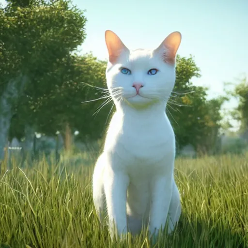 Prompt: a white cat with green eyes standing in a field, unreal engine, detailed