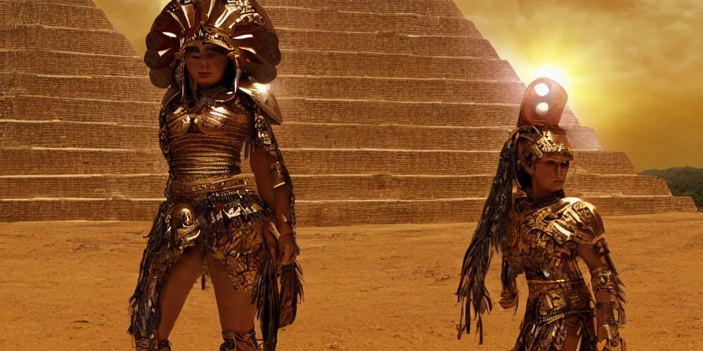 Prompt: photorealistic art of a woman wearing Mayan battle armor, standing in front of a great pyramid of gold, dynamic lighting, space atmosphere, hyperrealism, stunning visuals