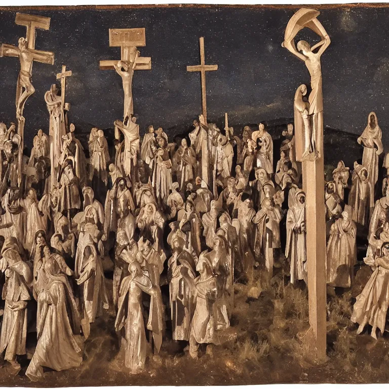 Image similar to A Holy Week procession of souls in a lush Spanish landscape at night. A figure at the front holds a cross. Art Deco.