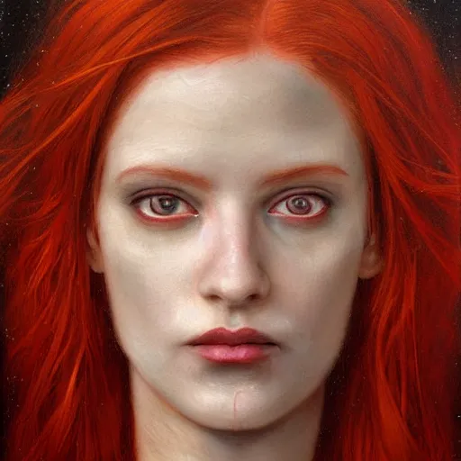 Prompt: a painting of a cyborg with red hair, a character portrait by brad kunkle, featured on cg society, pre - raphaelitism, pre - raphaelite, apocalypse art, dystopian art