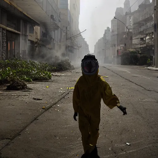 Prompt: a photo of a boy wearing a hazmat suit, on his back is a small plant encased in a clear glass backpack, walking away from the camera, smoke in the background, filthy streets, broken cars. Vines growing. Jpeg artifacts. Full-color photo. Color color color color color. Award-winning photo. OM system 12–40mm PRO II 40mm, 1/100 sec, f/2 8, ISO 800