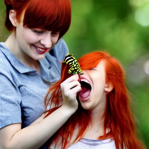 Prompt: A cute redhead girl is happily showing off a creepy bug she caught