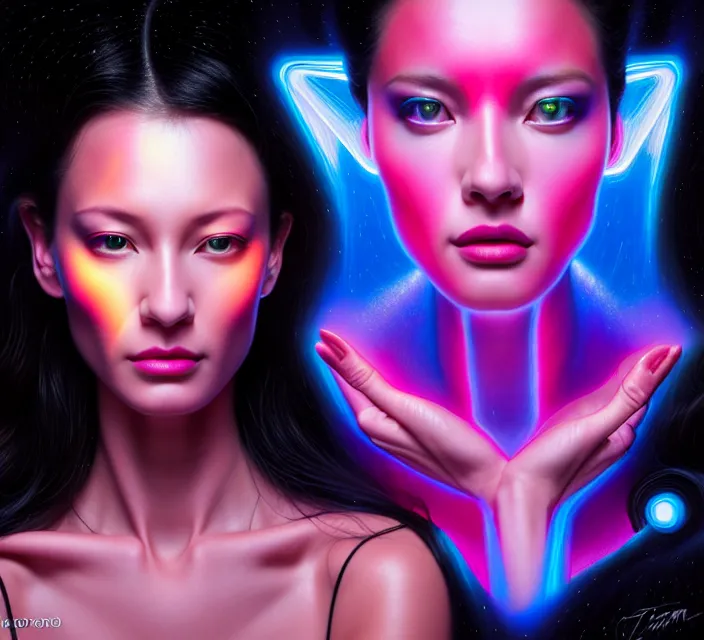 Image similar to beauty woman in holograms of alien artifacts, electrical case display, total recall tech, , ultrarealistic, dramatic lighting, electrical details, high details, 4k, 8k, best, accurate, trending on artstation, artstation, photorealism, ultrarealistic, digital painting, style of Tristan Eaton Stanley Artgerm and Hajime Sorayama, Caravaggio, Boris Vallejo