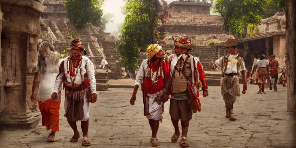 Prompt: india in the 1 8 0 0 s filled with ancient palenque mayan architecture, mayan man walking the streets, indians in traditional wear haggling with the street vendors, surreal, beautiful, hyper realistic, trending on artstation, 8 k, hd