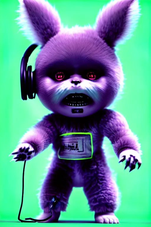 Image similar to high quality 3 d render neo - cyberpunk very cute fluffy! screaming chucky doll!! cyborg with headphones, mechanical paw, highly detailed, unreal engine cinematic smooth, in the style of detective pikachu, hannah yata charlie immer, neon purple light, low angle, uhd 8 k, sharp focus
