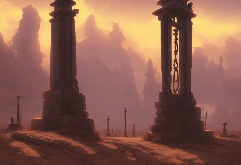 Image similar to a steampunk obelisk in a gloomy desert at dawn with gravestones in the foreground, intricate oil painting, high detail illustration, sharp high detail, manga and anime 1 9 9 9, official fanart behance hd artstation by jesper ejsing and makoto shinkai, 4 k,