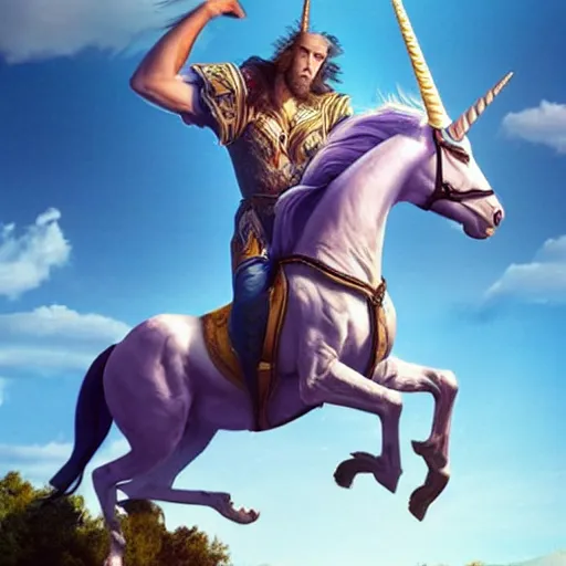 Prompt: a majestic still of Asmongold riding a unicorn