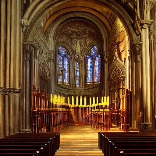 Image similar to highly detailed painting of a man sitting infront of a pipe organ inside of a cathedral, 4 k resolution, by jaquis luis david, visible paint layers, renaissance.