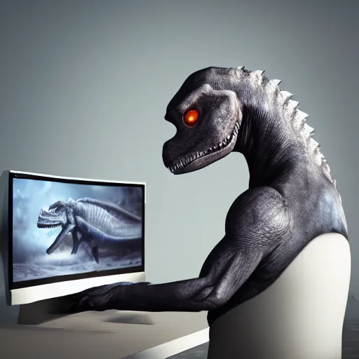 Image similar to human sitting in front of computer, but human is dinosaur, vray, 5 5 mm