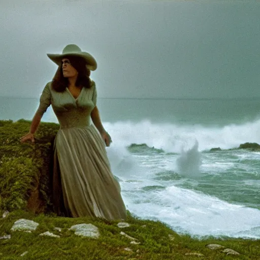 Image similar to 1 9 7 0's artistic italian western film in color, a woman in a giant billowy wide flowing waving dress made out of sea foam, standing inside a green mossy irish rocky scenic landscape, crashing waves and sea foam, volumetric lighting, backlit, moody, atmospheric