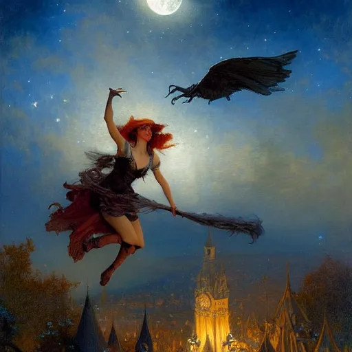 Image similar to witch flying, trough the night, fantasy, full moon in background. highly detailed painting by gaston bussiere, craig mullins, j. c. leyendecker 8 k