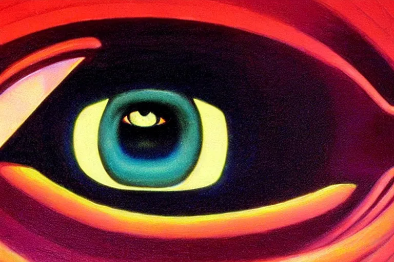 Prompt: eye as a black hole, 8 0 s neon art deco, moebius, cinematic lighting, beautiful, elegant, oil painting, hyper realism,