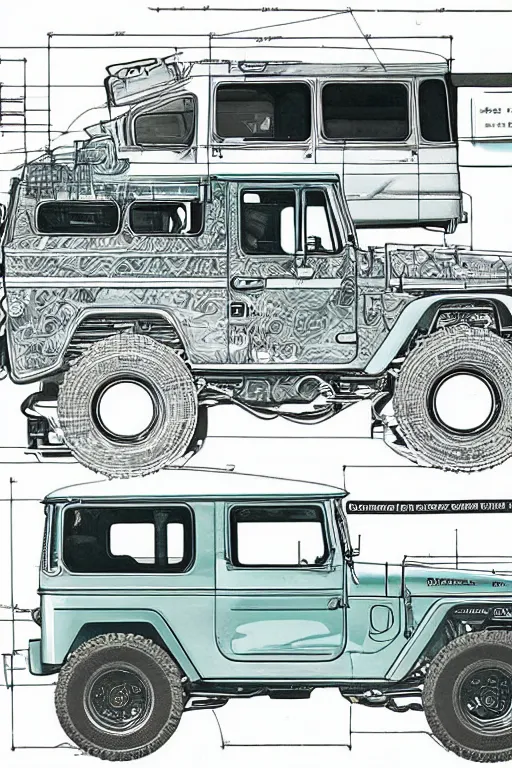 Prompt: detailed intricated architect blueprint of a green toyota fj 4 3