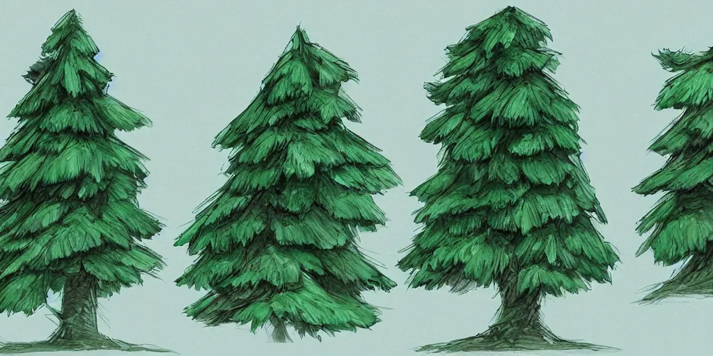 Image similar to elaborate concept art sketches of green spruce trees in a side view, trending on artstation in a stylized studio ghibli look, high quality detailed, award winning
