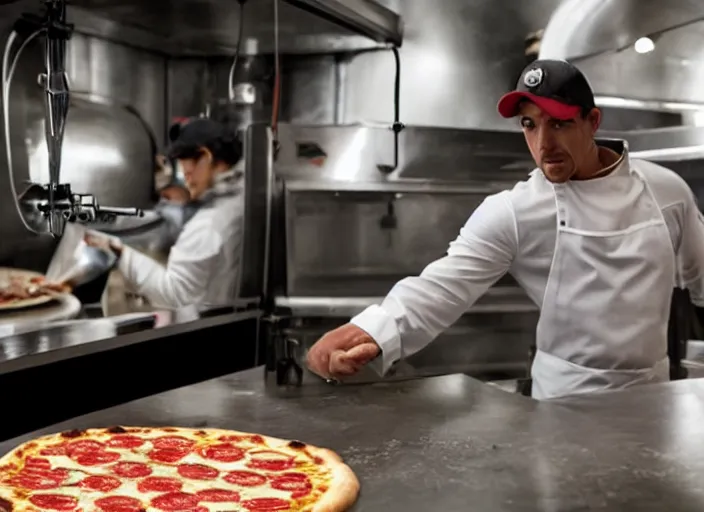 Prompt: film still of Ironman working in a pizza parlor making pizza in the new Avengers movie, 4k