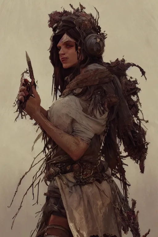 Prompt: a full body portrait of a beautiful post apocalyptic offworld priests quarter bedouin blind pulp fiction scarlet wild rogue barbarian leper begging by the roadside, intricate, elegant, highly detailed, digital painting, artstation, concept art, smooth, sharp focus, illustration, art by krenz cushart and artem demura and alphonse mucha