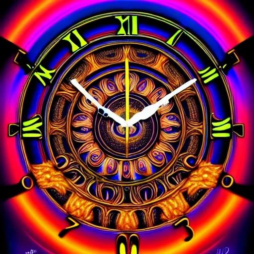 Image similar to An extremely psychedelic portrait of a clock, surreal, LSD, face, detailed, intricate, elegant, lithe, highly detailed, digital painting, artstation, concept art, smooth, sharp focus, illustration