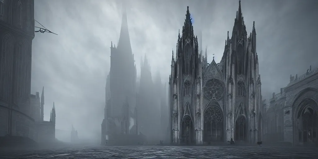 Prompt: gothic cathedral, light through the mist, dramatic lighting, photorealistic, cinematic lighting, high detail, cinematic feel, high octane, 4K, Unreal Engine, digital render, intricate, ultra realistic