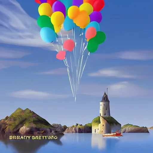 Image similar to digital art of bretagne with giant birthday balloons, artstation cgsociety masterpiece