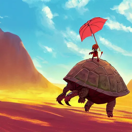 Prompt: little warrior girl character riding on top of a giant armored turtle in the desert, studio ghibli epic character, long shot, bright colors, diffuse light, dramatic landscape, fantasy illustration