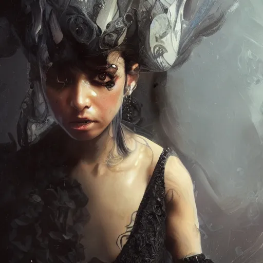 Image similar to a portrait of a young mexican woman, angry, with larvae crawling on skin, wearing an elaborate black dress, in the style of sergeant, artgerm, and ruan jia, blue backlighting, beautiful, trending on artstation, high detail, intricate texture