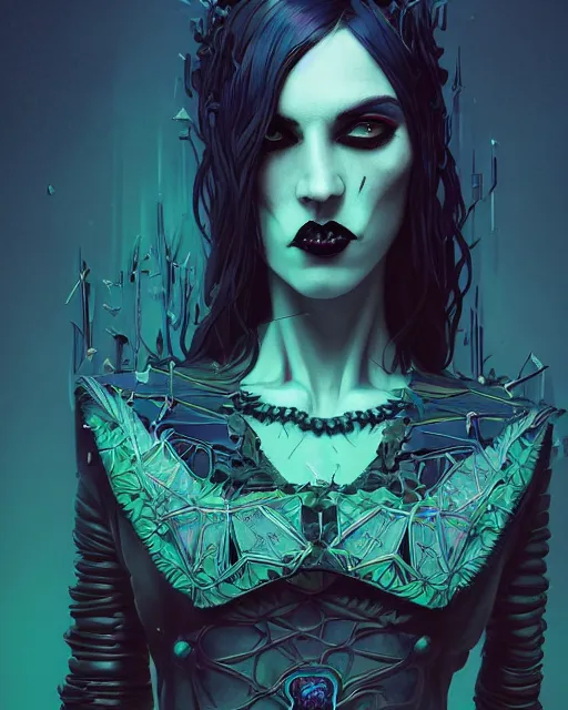 Image similar to portrait of funny blue and green eyes goth dark queen of the vampire council, intricate abstract. intricate artwork, by tooth wu, wlop, beeple, dan mumford. concept art, octane render, trending on artstation, greg rutkowski very coherent symmetrical artwork. cinematic, key art, hyper realism, high detail, octane render, 8 k, iridescent accents