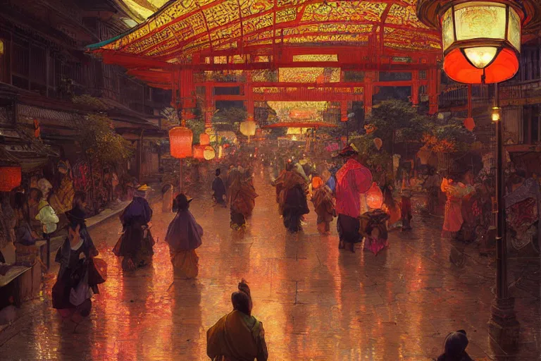 Image similar to a beautiful realistic painting of the lantern festival in old kyoto, neon colors, intricate, elegant, highly detailed, digital painting, artstation, concept art, by krenz cushart and artem demura and alphonse mucha