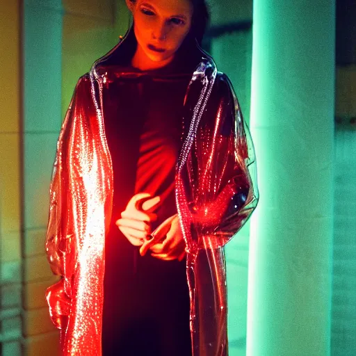 Image similar to A realistic and detailed portrait photography of a woman wearing a futuristic transparent raincoat with hoodie. by Annie Leibovitz. Neo noir style. Cinematic. Red neon lights and glow in the background. Cinestill 800T film. Lens flare. Helios 44m. Ultra detail. Photoreal. Depth of field.