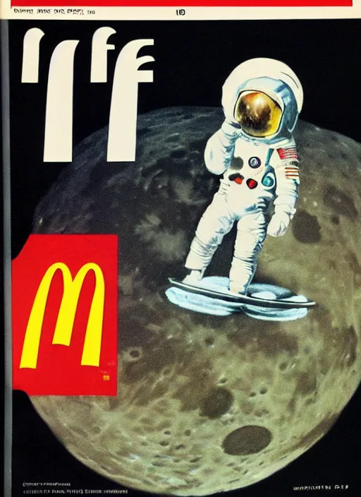 Image similar to 1 9 6 8 life magazine cover art, the subject is a mcdonald ’ s on the moon, grainy, photography, photorealistic, magazine cover, dramatic