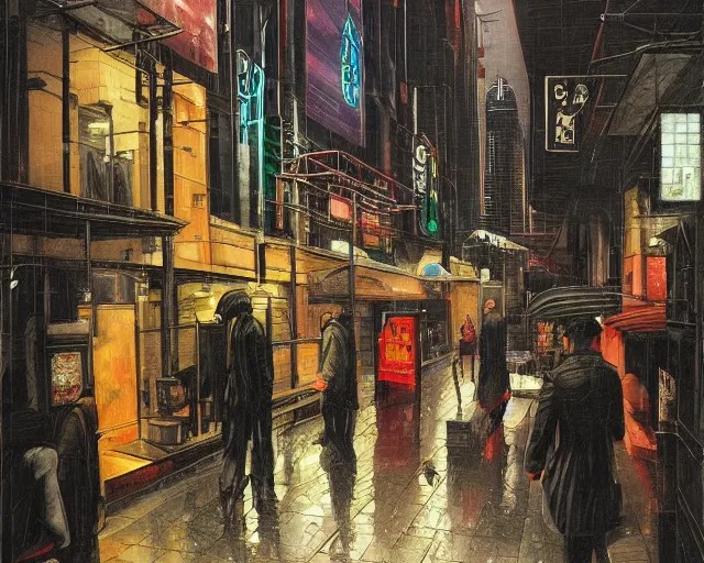 Prompt: dark rainy cyberpunk city life, street with open food places, by de chirico