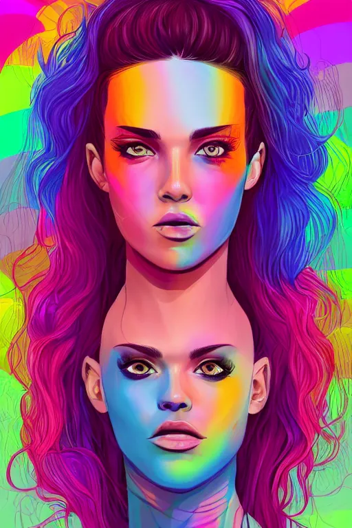 Image similar to a award winning half body portrait of a beautiful woman with stunning eyes in a printed croptop and cargo pants with rainbow colored ombre hairstyle head in motion and hair flying by josan gonzales, outrun, vaporware, shaded flat illustration, digital art, trending on artstation, highly detailed, fine detail, intricate