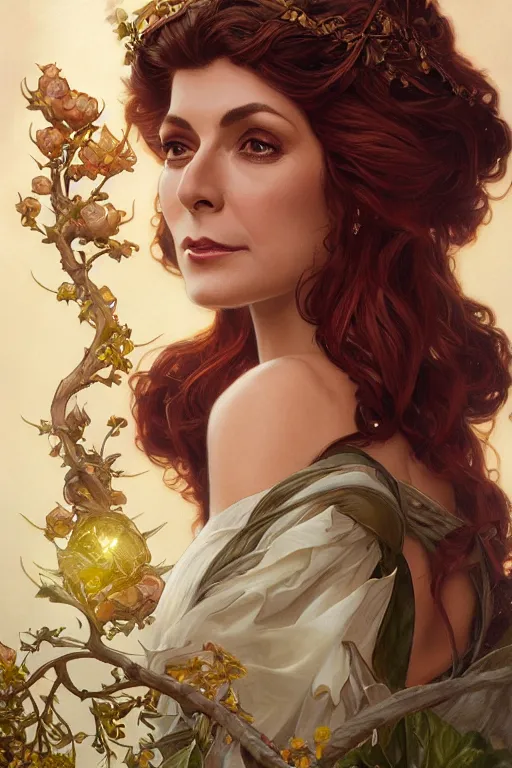 Image similar to ultra realistic illustration, deanna troi as persephone, intricate, elegant, highly detailed, digital painting, artstation, concept art, smooth, sharp focus, illustration, art by artgerm and greg rutkowski and alphonse mucha