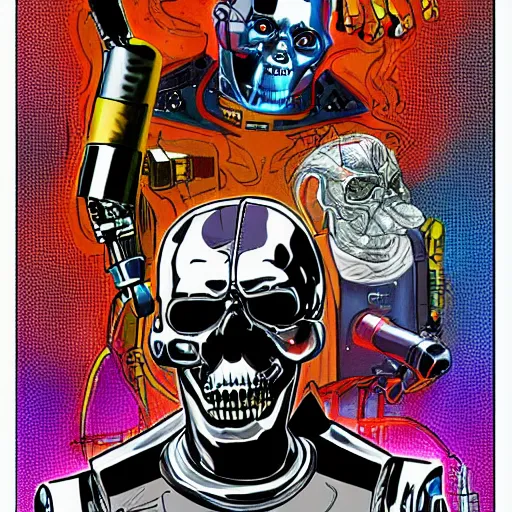 Image similar to terminator, wizard of oz, technicolour, lineart, higly detailed, artstation