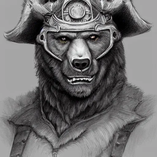 Image similar to dashing charming grinning charismatic bear beast-man rogue, wearing captain's tricorne hat, naval background, amazing, lifelike award winning pencil illustration trending on art station artgerm Greg rutkowski cinematic