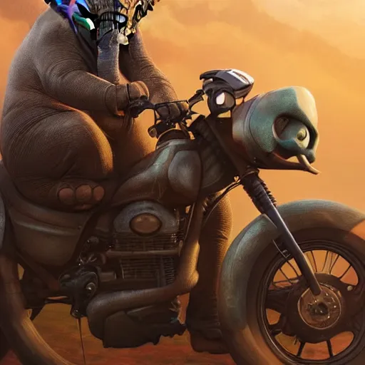 Image similar to elephant yoda riding a motorcycle in the movie born to be wild, stunning digital art, high detail, in the style of artgerm, artstation, cgsociety, dramatic lighting, pixar 3d 8k