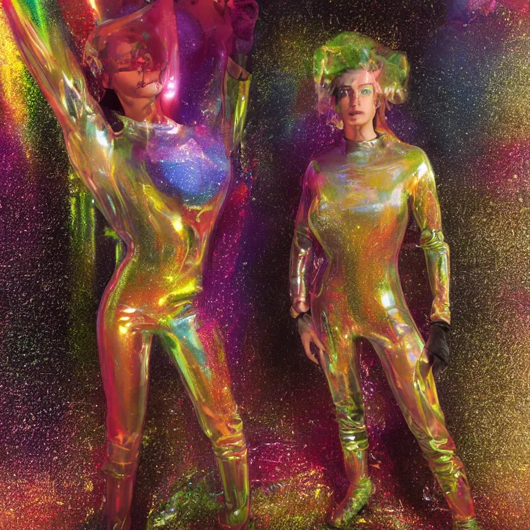Image similar to octane render portrait by wayne barlow and carlo crivelli and glenn fabry, a woman wearing a giant inflated clear plastic suit full of colorful thick fluid containing glitter, inside an underground soviet dance club, fog and atmospheric lighting, cinema 4 d, ray traced lighting, very short depth of field, bokeh