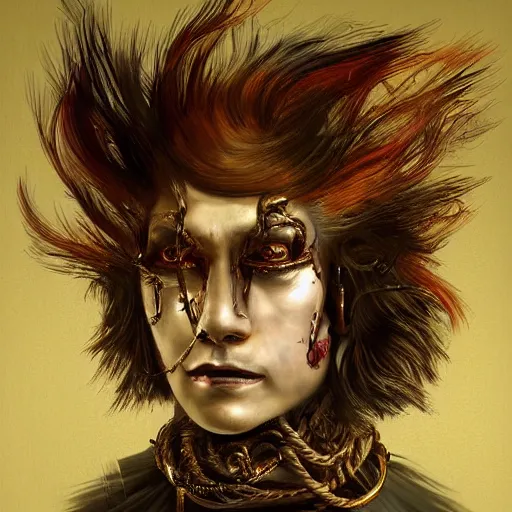 Image similar to portrait of a Shibari rope wrapped face and neck, headshot, insanely nice professional hair style, dramatic hair color, digital painting, of a old 17th century, old cyborg merchant, amber jewels, Art Nouveaux, ornate clothing, scifi, realistic, hyperdetailed, chiaroscuro, concept art, art by Franz Hals and Jon Foster and Ayami Kojima and Amano and Karol Bak,