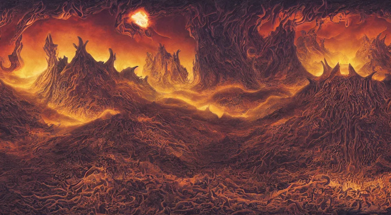 Image similar to a beautiful detailed portrait of satan with long horns and fiery vortex eyes in the foreground, in a vast cosmic hellscape by roger dean, by laurie lipton, detailed, realistic shadows, volumetric lighting, mythical, rendered in redshift, matte painting