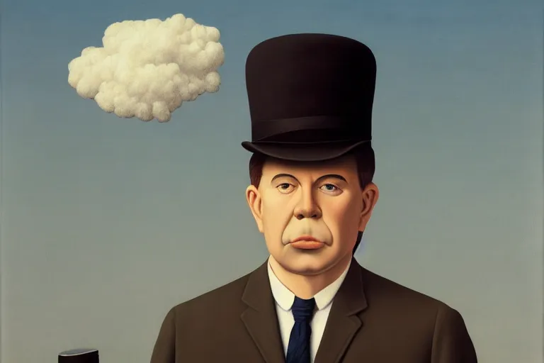 Image similar to portrait of man in a suit that has clouds instead of head by rene magritte, detailed painting, hd, hq, high resolution, high detail, 4 k, 8 k