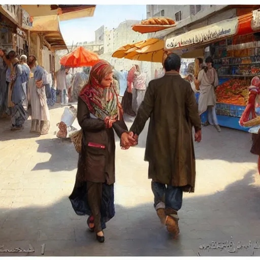 Image similar to a beautiful portrait painting of a couple shopping in a sunny market in north africa, masterpiece by famous artist nasreddine dinet and eugene de blaas and greg rutkowski and artgerm and wlop, path tracing, intricate, elegant, highly detailed, digital painting, artstation, concept art, smooth, sharp focus