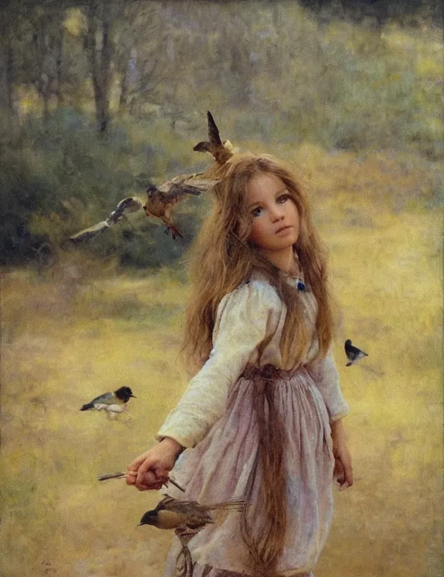 Image similar to portrait of little peasant girl setting free a bird, cottage core, cinematic focus, polaroid photo bleached vintage pastel colors high - key lighting, soft lights, foggy, by steve hanks, by lisa yuskavage, by serov valentin, by tarkovsky, 8 detailed, oil on canvas