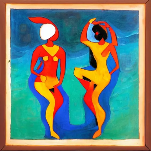 Image similar to two Indian Women in the moonlight dancing by the ocean , high quality art in the style of cubism and georgia o’keefe,