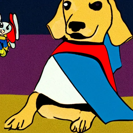 Prompt: cartoon of a super hero dog wearing a cape saving toys