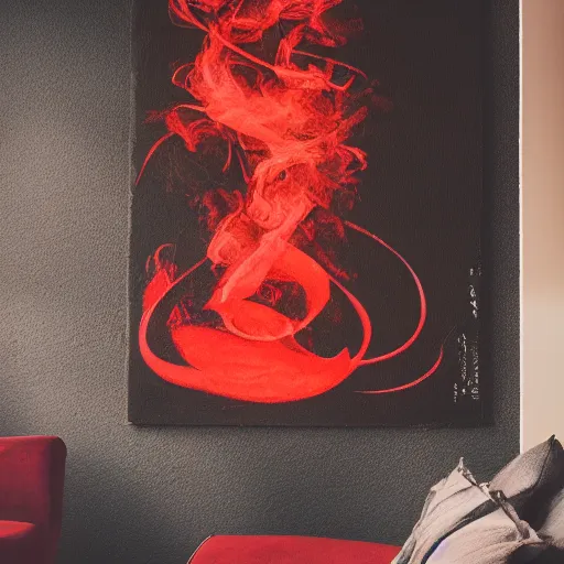 Prompt: a photo of a red calligraghy inspiured by fire on a black wall, 5 0 mm