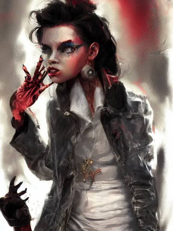 Prompt: digital illustration of a girl with eyes that burn like cigarettes wearing a short skirt and a long jacket with fingernails that shine like justice, dramatic lighting, photorealistic, full body shot, extreme detail, 4 k, colorful, artgerm and craig mullins